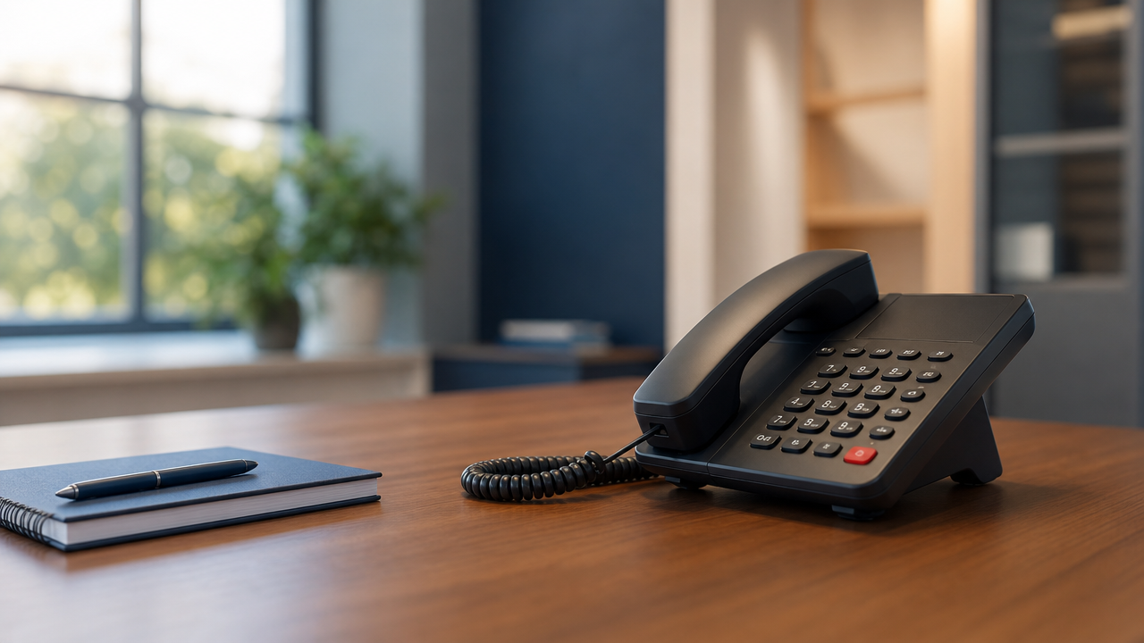 Bureau met telefoon — Opsio Voice Essential