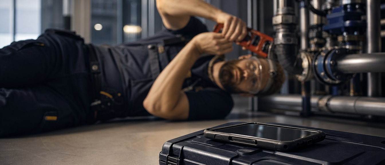 Installateur werkt aan leidingen terwijl een telefoon naast zijn gereedschap ligt