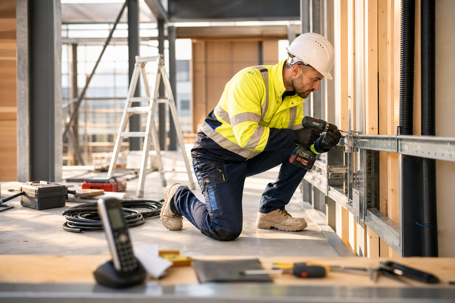 Installateur werkt met een boormachine aan een installatie op een bouwlocatie
