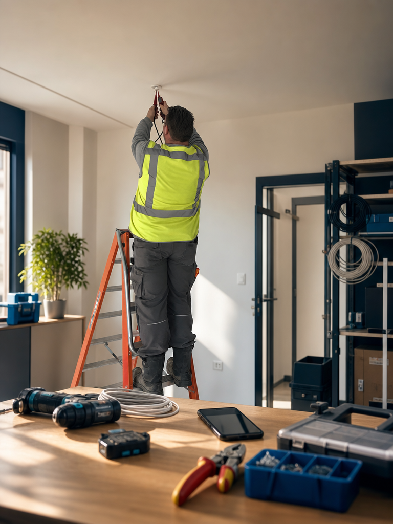 Installateur werkt binnenshuis aan een plafondinstallatie terwijl een telefoon op de werkbank ligt