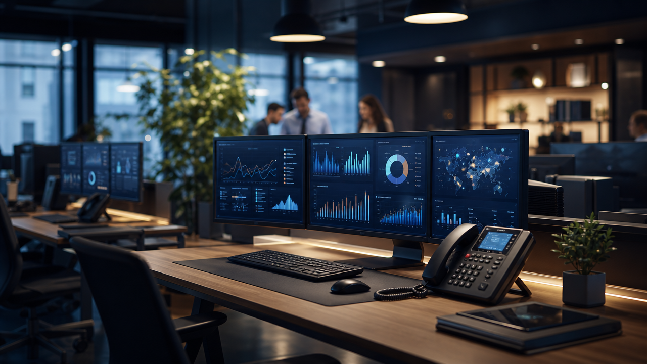 Kantoor met analytics-dashboards en bureautelefoon — Opsio Voice Premium