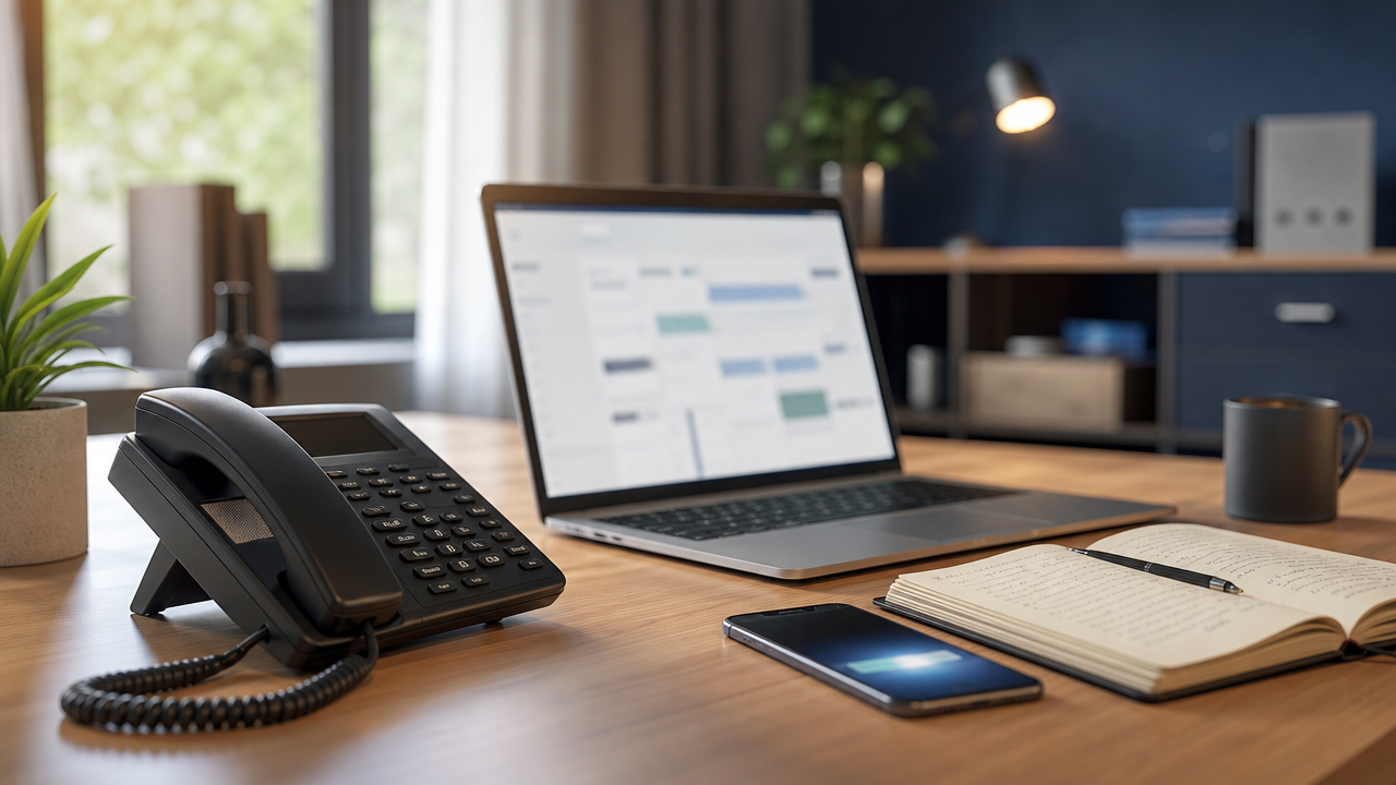 Bureau met telefoon en laptop — Opsio Voice Pro