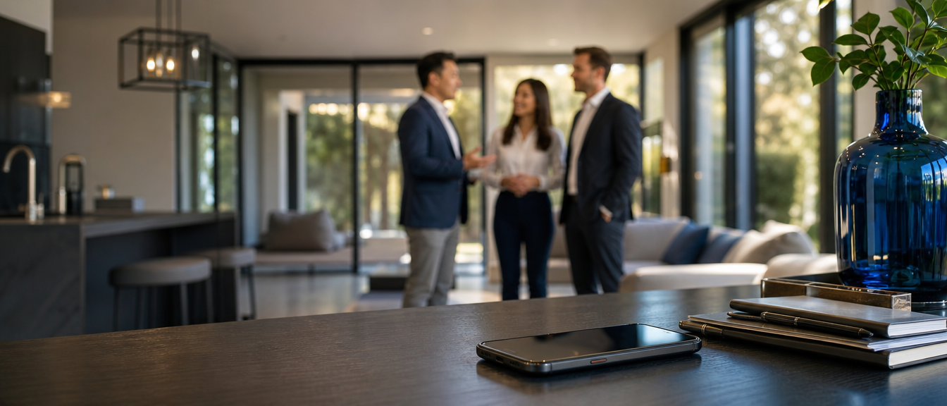 Makelaar spreekt met potentiële kopers in een moderne woning terwijl een telefoon op tafel ligt