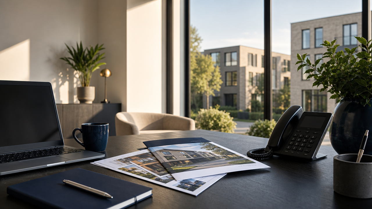 Makelaarskantoor met woningbrochures, laptop en telefoon op het bureau