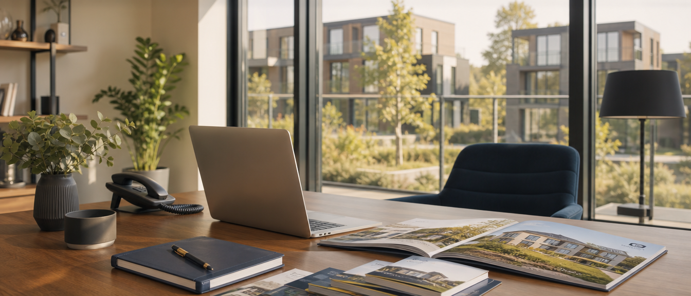 Modern makelaarskantoor met woningbrochures, laptop en telefoon op het bureau